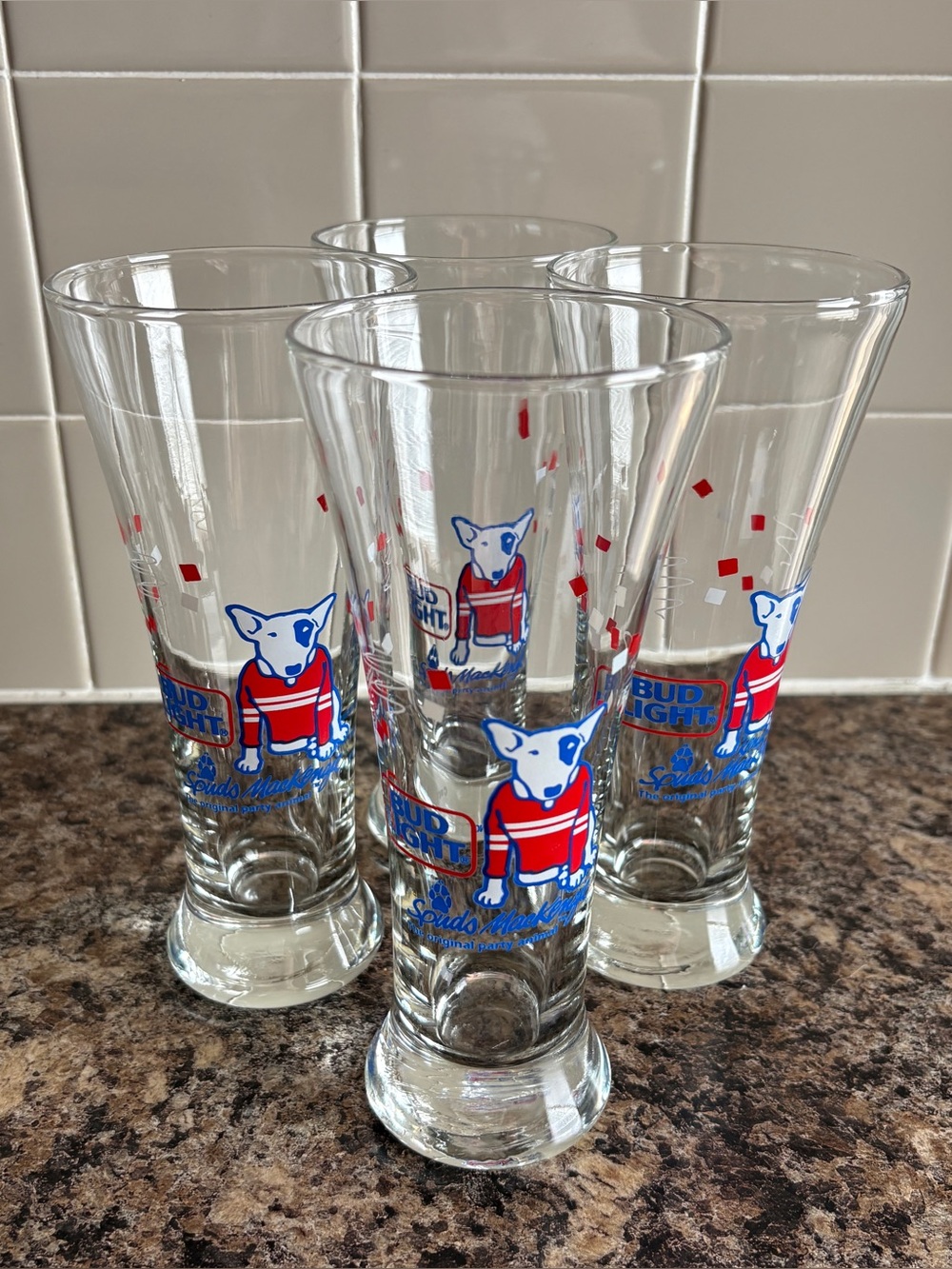 Vintage 1987 Bud Light Spuds MacKenzie Beer Party Animal Glasses - Set of 4